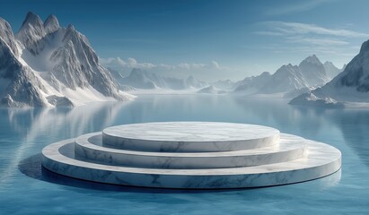 White marble circular podium with three steps situated on surface of arctic lake surrounded by snow-covered mountains