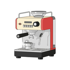 Stylized illustration of a vintage-inspired espresso machine with red and cream accents ready to