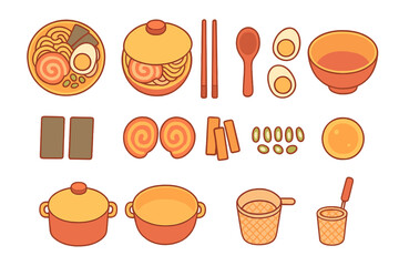 Collection of colorful illustrations depicting various Japanese food items and kitchen utensils for a vibrant culinary experience