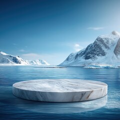 Round marble pedestal in center of arctic landscape with icebergs and snow-covered mountains under clear blue skies, serene winter scene