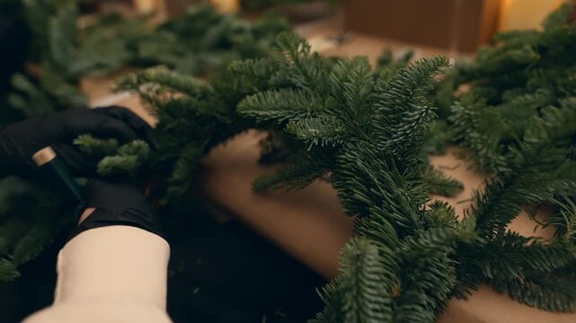 Meticulous finishing touches on handcrafted holiday wreath
