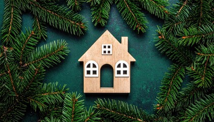 Wooden house model nestled within lush green fir branches symbolizing winter holidays and home.