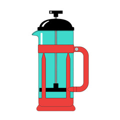 Stylized illustration of a french press coffee maker in bright, playful colors