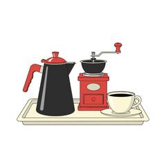 Artistic depiction of retro coffee brewing setup showcasing a vintage grinder and server
