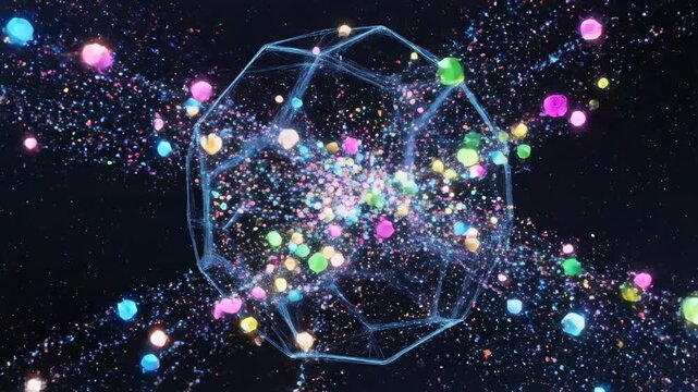 Seamless loop of bright abstract particles rapidly bouncing and repeating within a dark geometric digital sphere dynamic, science, network