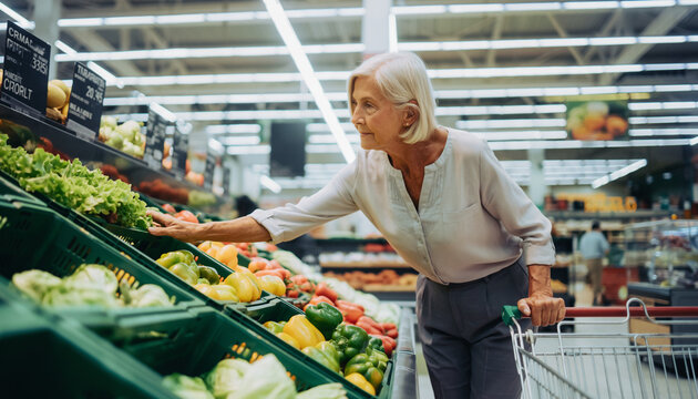 Elderly Woman Grocery Shopping for Fresh Vegetables in Supermarket Produce Aisle - Powered by Adobe