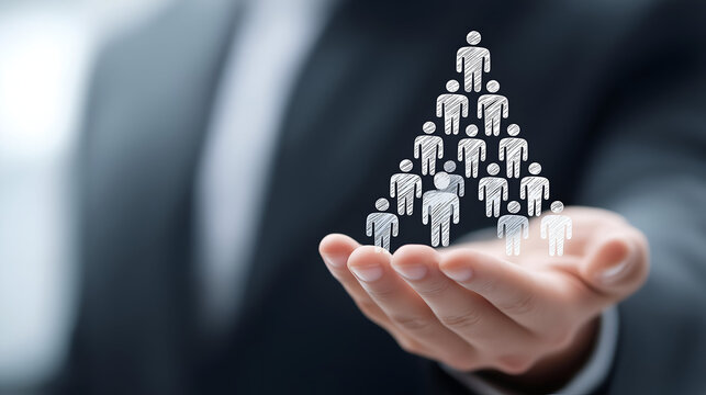 A professional hand holding a pyramid of figures representing teamwork and leadership in a corporate environment.