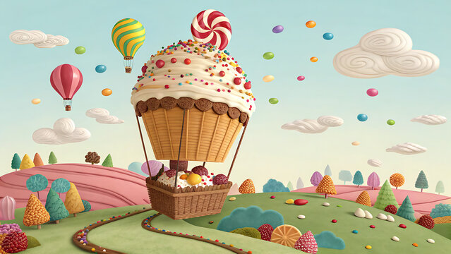 A whimsical cupcake hot air balloon floats over a candy land landscape with lollipop trees, gumdrop bushes, and a winding chocolate path