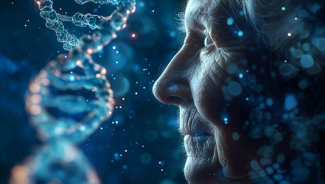 A serene elderly woman's profile juxtaposed with a DNA strand, symbolizing the connection between genetics and aging.