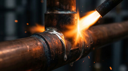accuser. Extreme close-up of copper pipe joint with molten silver brazing. safety posters, maintenance manuals, designed for precision metalworking and fabrication facilities.