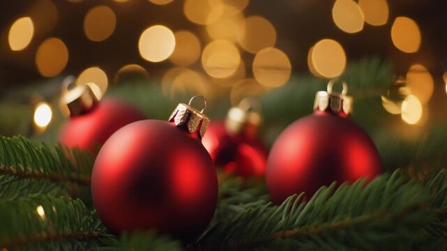 Sparkling red baubles nestled in lush green fir branches, illuminated by a warm, shimmering bokeh of golden lights, evoking festive holiday cheer and a magical winter atmosphere
