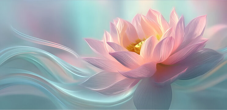 A serene pink lotus flower blooms gracefully, surrounded by gentle waves of ethereal colors, evoking tranquility and beauty.