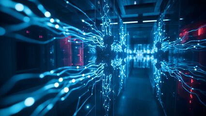 Neon Data Flow in Futuristic Server Room, High-Speed Digital Network Connections, Advanced Data Infrastructure with Glowing Circuits