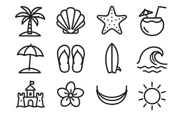 Fototapeta premium Island Paradise Icons. Island Paradise linear icon set. palm tree, seashell, starfish, coconut drink, beach umbrella, flip-flops, surfboard, ocean wave, sandcastle, tropical flower