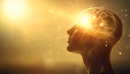 Obraz premium A silhouette of a human head illuminated by beams of light, symbolizing creativity, enlightenment, and inner peace.