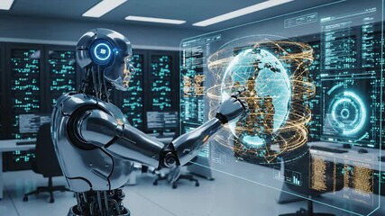 A chrome robot interacts with a transparent holographic display showcasing the globe and data - Powered by Adobe