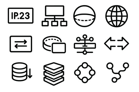 Network Icons Collection. Data Network Components linear icon set: IP address tile, subnet block, DNS globe, NAT icon, VPN tunnel, load balancer, queue buffer, protocol stack