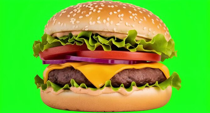 Tasty cheeseburger isolated on green screen or chroma key background