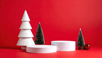 Minimalist Christmas scene with white podiums and festive trees on red background.