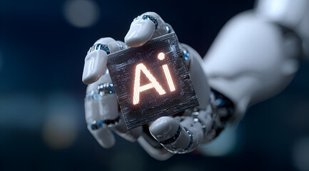 A robotic hand holds a glowing AI block, symbolizing the future of artificial intelligence and innovation in technology.