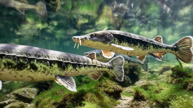 Several alligator gar swimming underwater among green aquatic plants and rocky substrate.