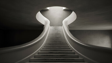 Illuminated staircase ascends towards a bright circular opening in a modern architectural space