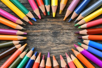 Vibrant colorful sharpened pencils arranged in a circle on rustic wooden background with copy space