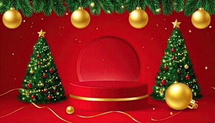 Elegant Red Christmas Stage with Decorated Trees Golden Ornaments and Podium for Holiday Celebrations.
