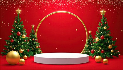 Festive Christmas stage with decorated trees golden ornaments and podium for product display.