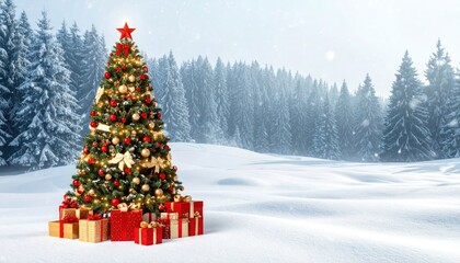 Festive decorated Christmas tree with gifts in a serene snowy forest landscape.