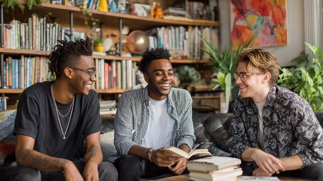 Friends enjoying conversation and laughter in a cozy living room filled with books