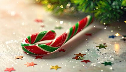 Festive red and green candy cane with sparkling holiday decorations and bokeh lights.