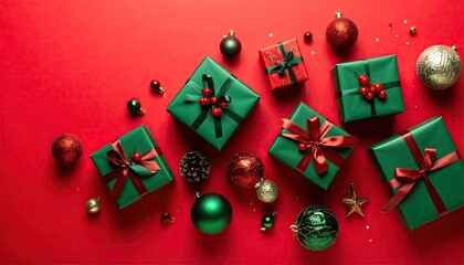 Festive Christmas Gifts and Ornaments on Red Background.