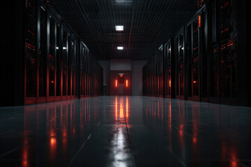 Data breach in secure server room with red warning lights reflecting on polished floor creating tense atmosphere and highlighting cybersecurity risks