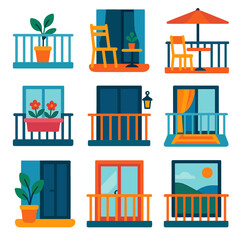 Obraz premium Vibrant Balcony Icons. Balconies and terraces flat icon set: railing, potted plant, chair, table, umbrella, lantern, flower box, door, curtain, rug, window, view