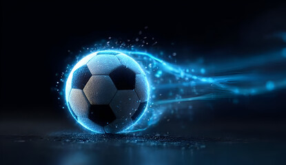 Fototapeta premium A dynamic soccer ball in motion, surrounded by glowing particles, encapsulating the thrill of the game and energy of sports.