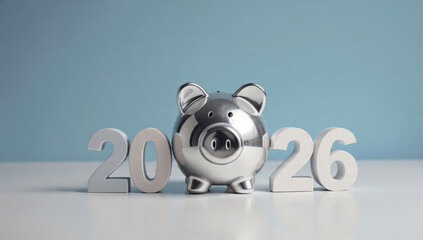 A shiny silver piggy bank sits between '20' and '26' numbers, symbolizing financial planning, savings, and investment goals for 2026.