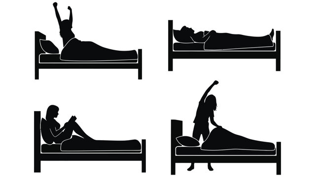 Four silhouettes depicting different activities in bed on white background