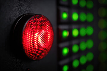 Data breach alert in server room with glowing red warning light and green indicator lights creating tense atmosphere