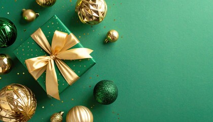 Festive green gift box with gold ribbon and Christmas ornaments scattered on a green background.