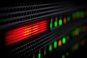 Server room data breach alert with red warning light on network equipment panel showing critical security issue and urgent risk in technology infrastructure