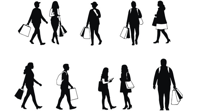 Silhouettes of people walking with shopping bags on a white background