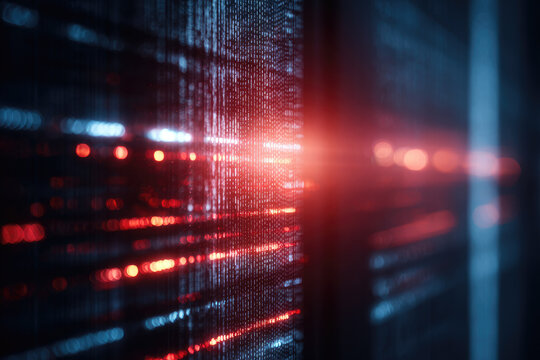 Data breach in server room with glowing red light and digital code representing cybersecurity risk and information leak in high tech environment