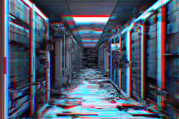 Data breach in server room with glitch effect showing damaged floor and chaotic atmosphere highlighting cybersecurity risk and digital vulnerability