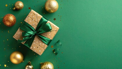 Festive Christmas gift box with golden ornaments and star confetti on green background.