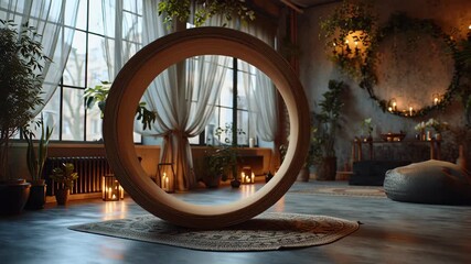 Interior with large circular frame, plants, candles, and natural light.