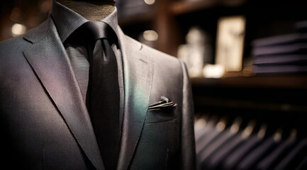 A sophisticated close-up of a tailored suit displayed elegantly, showcasing fine craftsmanship in fashion.