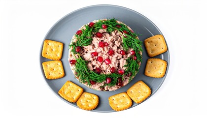 Appetizing salad with shredded meat dill and pomegranate seeds served with crackers on a plate.