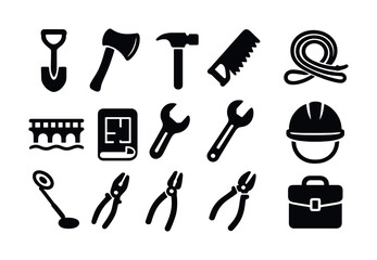 Fototapeta premium Black construction and tool icons set with shovel, hammer, hard hat, and wrench