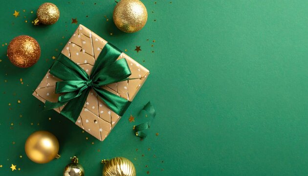 Festive Christmas gift box with golden ornaments and star confetti on green background.